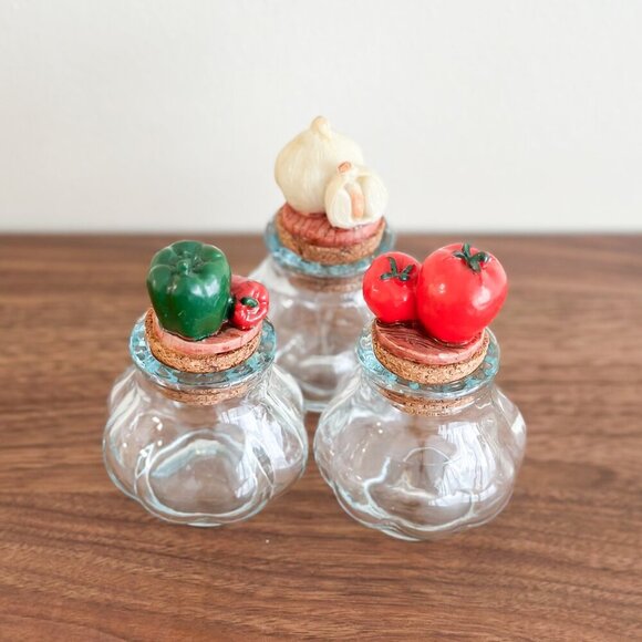 Vintage Vegetable Glass Spice Jars with Cork Tops - Set of 3 Kitchen Decor - Picture 2 of 6